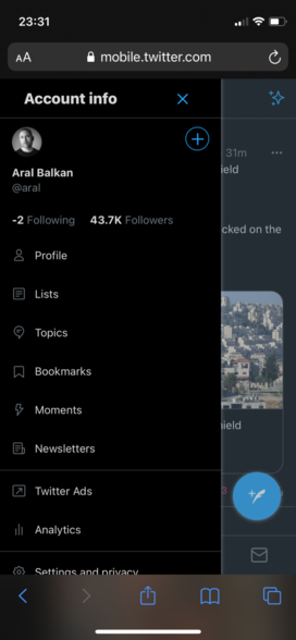 Screenshot of Twitter on iOS showing me following -2 people.